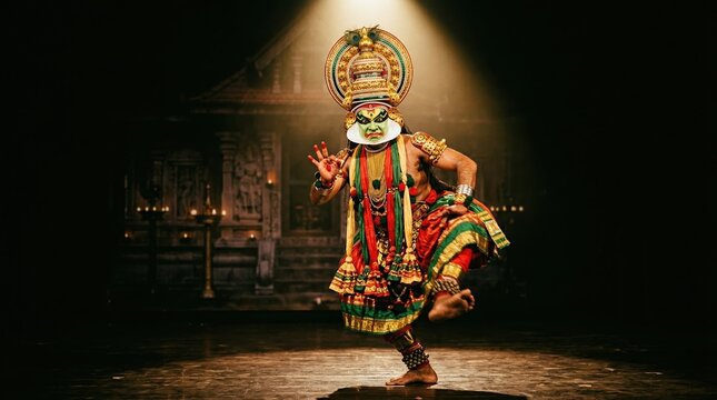 Dancer performing traditional kathakali in vibrant costume under spotlight