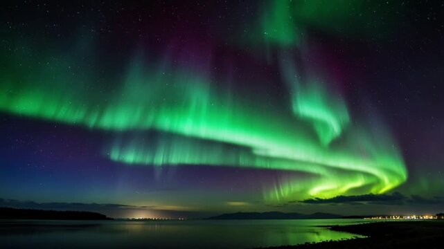 A magnificent radiance of green and purplish light shines beautifully, reflecting spectacularly off the calm sea surface and creating a nightscape that is soothing, magical, and breathtaking.