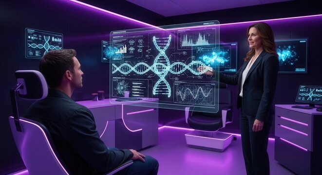 Scientists analyze DNA helix on futuristic holographic interface in a modern laboratory with purple lighting