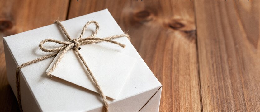 Wrapped gift box tied with craft string and blank tag placed on rustic wood table ideal for holiday packaging marketing background