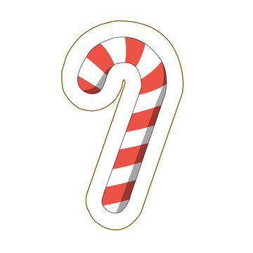 Cute Christmas candy cane sticker with red and white stripes, vector holiday illustration