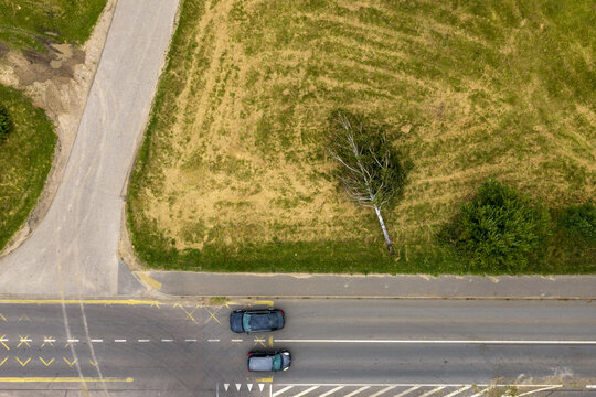 Aerial view of two cars driving on a road next to a grassy field with a fallen tree in Vilnius, Vilniaus apskritis, Lithuania.