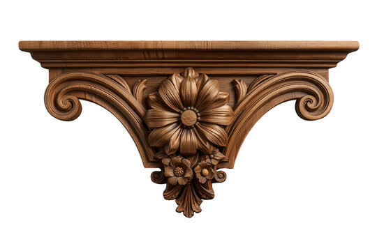 Carved wooden wall corbel with central flower and scrollwork
