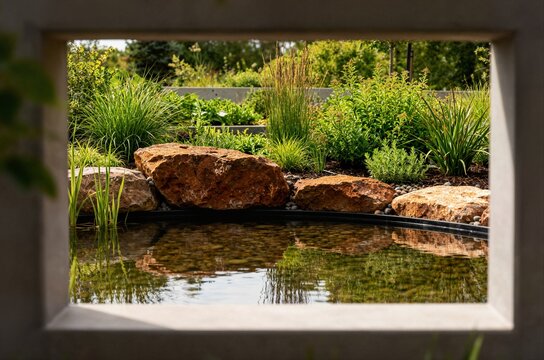 Decorative garden pond with rocks and green plants framed by concrete opening ideal for modern landscape design architecture and outdoor background