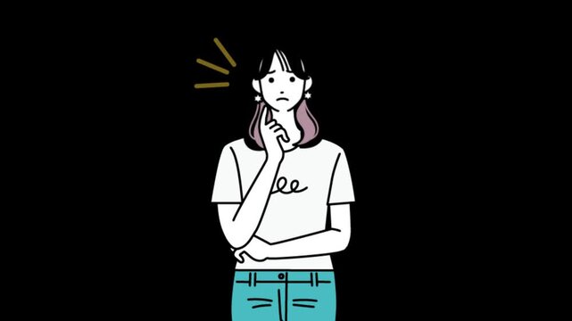悩んでいる女性が気づいて笑顔になるイラストアニメーション・ひらめきと喜びの感情表現動画・透過背景
