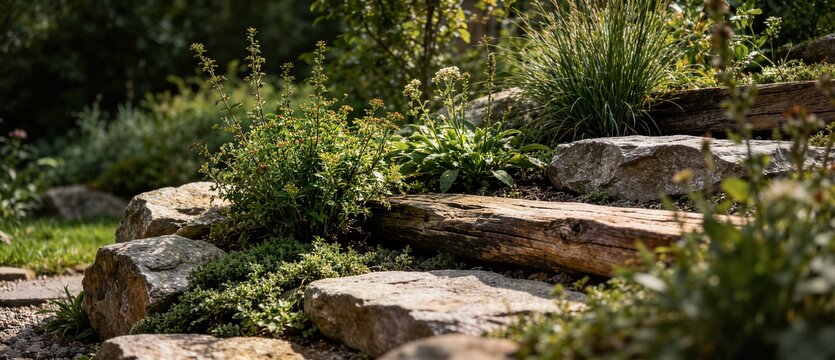 Lush rock garden with green plants and wooden retaining logs ideal for landscaping design backyard gardening and nature background
