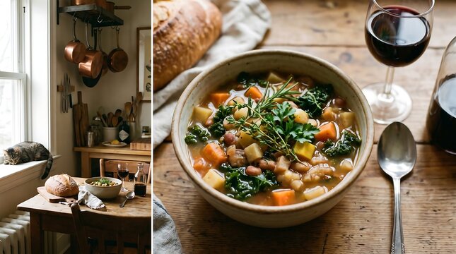Rustic Vegetable Stew with Artisan Bread and Red Wine Diptych