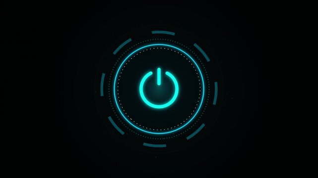 Glowing Blue Power Button Icon With Digital HUD Interface Design On Dark Background