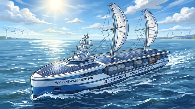 Dynamic illustration of an advanced eco-ship, powered by solar panels and wind sails, sailing the ocean towards a sustainable future of zero-emission maritime transport