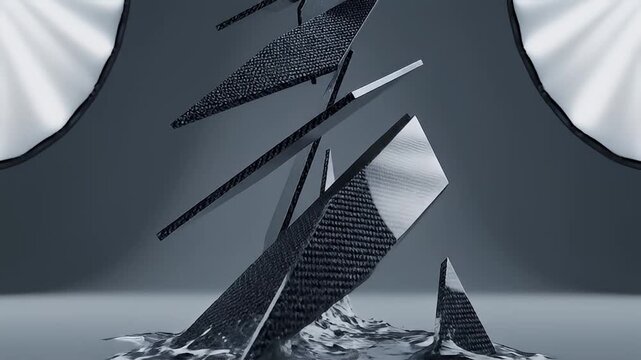 Abstract 3D carbon fiber shapes floating above liquid