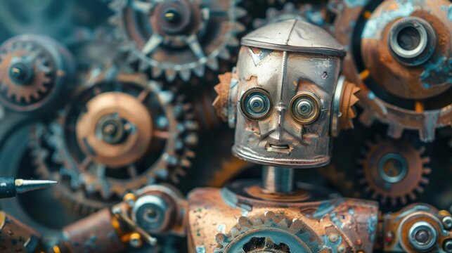 Steampunk robot with gears and cogs close up