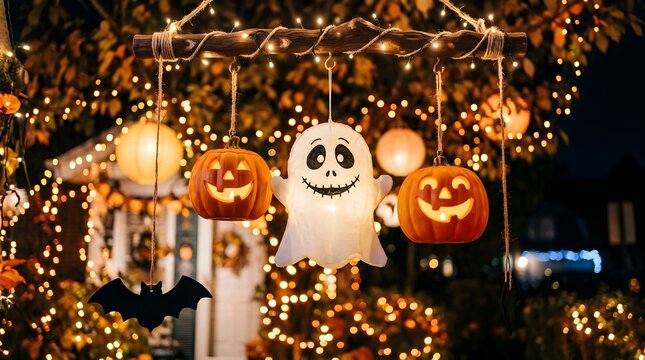 Halloween hanging decorations with glowing pumpkins and a ghost