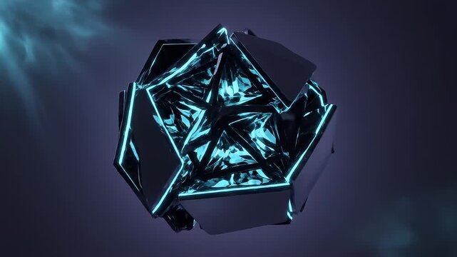 Abstract 3D object with sharp geometric facets and glowing blue edges
