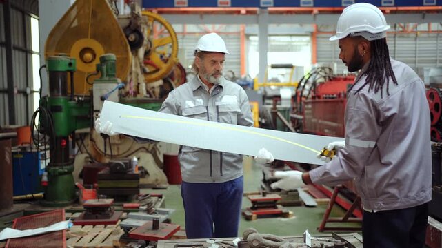 Two quality control engineers inspecting metal part in factory