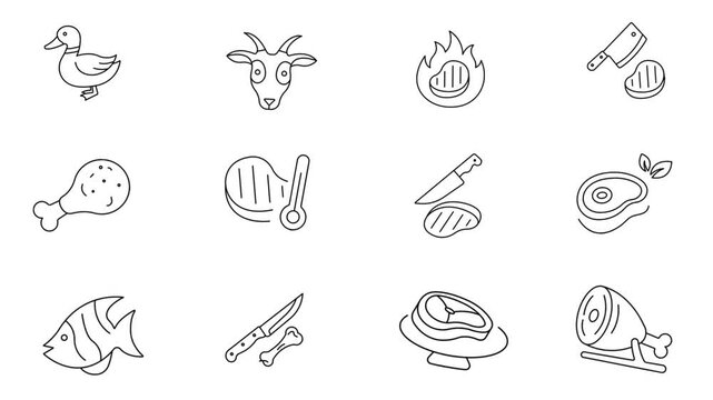 Set of Meat Butchery Poultry and Seafood Line Icons Isolated on White Background