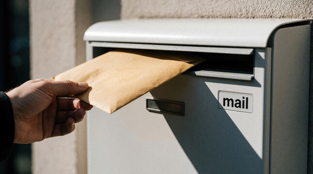 Hand inserts brown envelope into white mailbox slot. Person sends mail or document. Close-up view of postal service action on sunny day. Modern exterior.