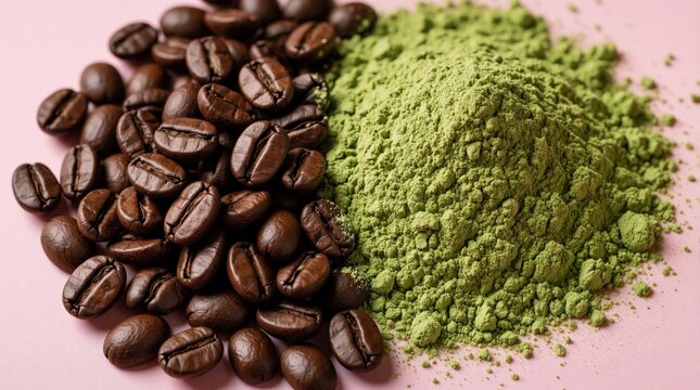 Roasted coffee beans lie beside green matcha powder on pink background. Dark caffeine seeds contrast with fine herb dust. Ingredients for beverage preparation sit together. Organic plant sources