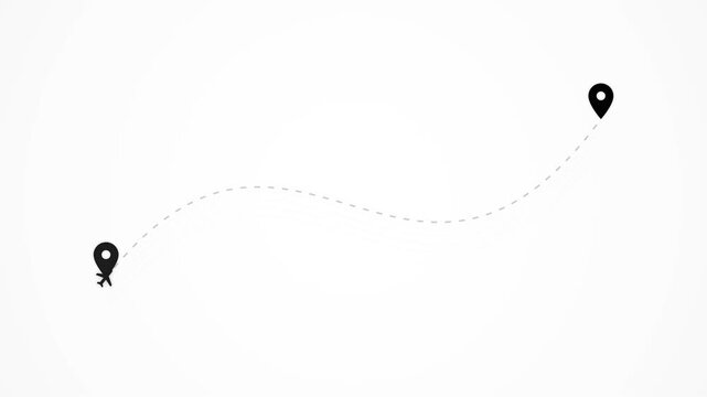 Passenger Plane Icon. Airplane icon flying on dashed path between location pins