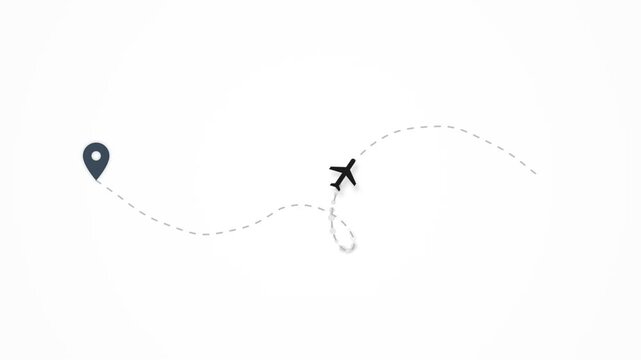 Passenger Plane Icon. Airplane icon following dashed path from map location pin