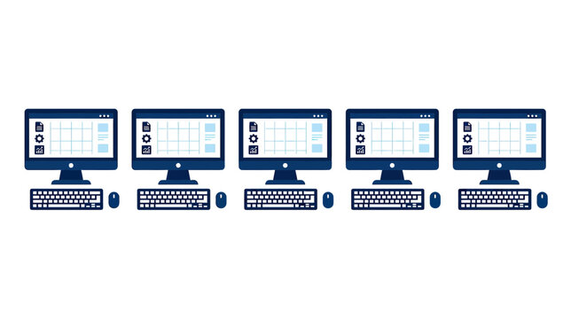 Row of computers with keyboards and mice on transparent background