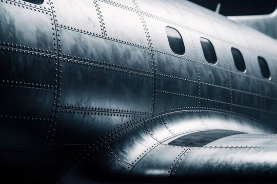 Close up view of metal aircraft fuselage. Riveted steel panels, windows show industrial aviation engineering. Smooth textured surface of airplane body with detailed hardware, machine components.