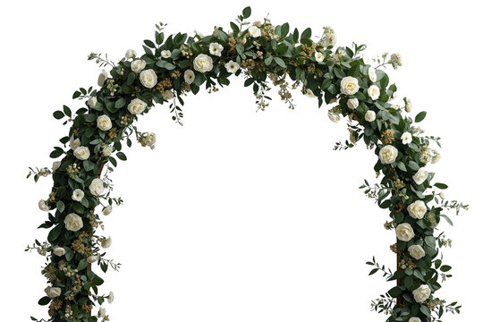 Dense rounded flower arch with white roses and eucalyptus foliage