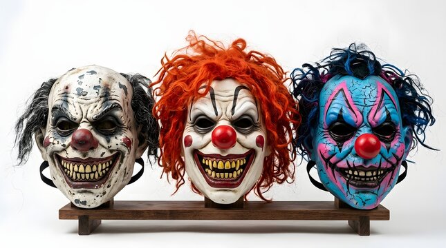 Three scary clown masks on a wooden stand isolated on white background