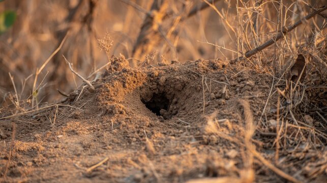 Small Animal Burrow Entrance in Dry Earth with Loose Soil Scattered Around Outdoors