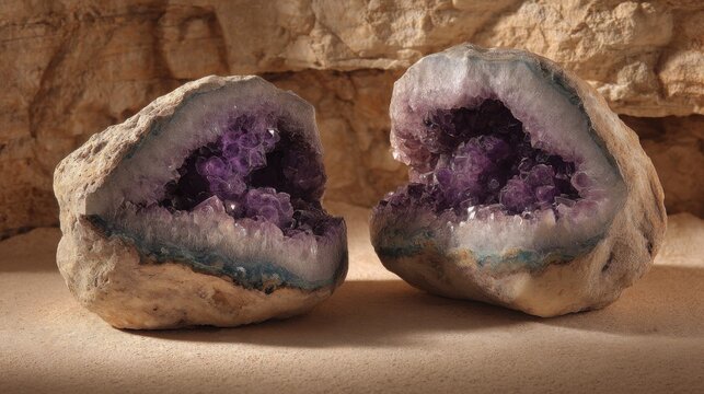 Two large amethyst geodes split open to reveal vibrant purple crystal formations