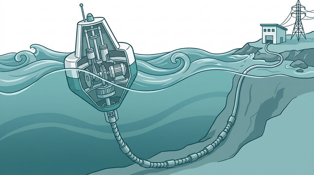 Conceptual Cutaway Illustration of a Wave Energy Converter Buoy Transforming Ocean Motion into Electricity Transmitted via Underwater Cable to a Coastal Power Grid