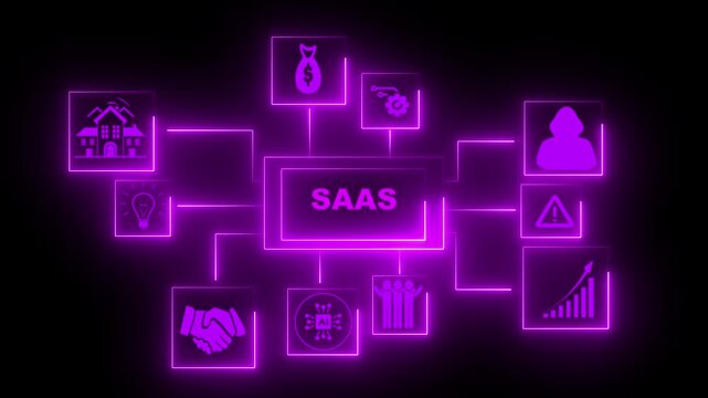 Business processes are illustrated using a purple glowing network diagram that highlights the integration of various corporate functions through a central digital hub on a black background field.