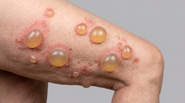 Macro profile view of leg skin displaying multiple large tense bullae blisters from bullous pemphigoid