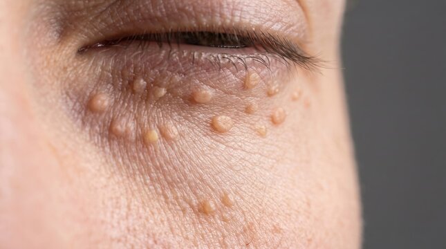Macro close up shot of periocular skin showing multiple small flesh colored papules of syringoma under eyelid