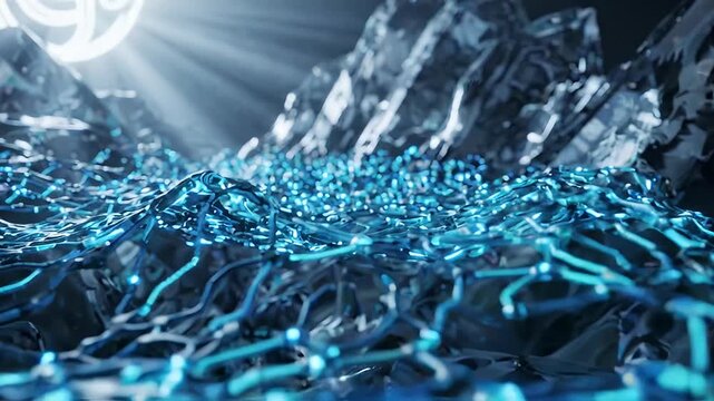 Abstract blue network with light rays illuminating icy terrain