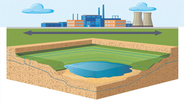 Industrial factory building above a groundwater aquifer geological cross section
