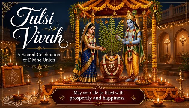Tulsi vivah festival celebration with lord krishna and tulsi plant, traditional indian wedding ceremony, divine union of goddess tulsi and lord vishnu, festive background