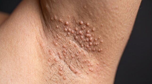Macro shot of armpit axilla skin densely covered with small flesh colored papules of Fox Fordyce disease