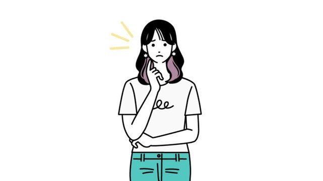 悩んでいる女性が気づいて笑顔になるイラストアニメーション・ひらめきと喜びの感情表現動画・白背景