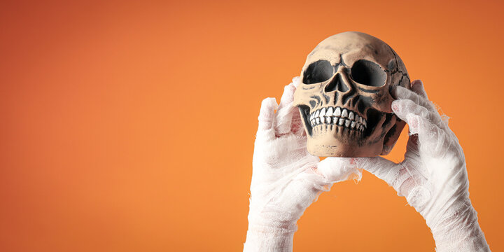 Halloween. Hands wrapped in spooky bandages lift a skull with dark eye sockets