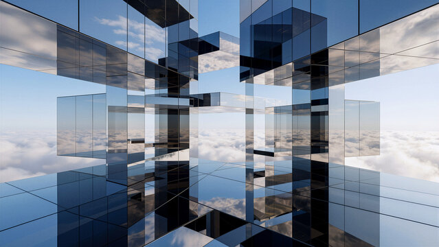 Abstract glass architecture floating above clouds