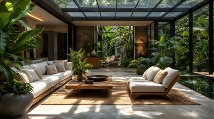 Fototapeta premium Luxury tropical sunroom interior with glass roof and lush green indoor plants.