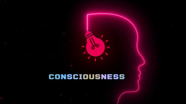 Consciousness concept featuring neon human profile with glowing light bulb symbolizing self-awareness, perception, cognition and awakened mind in futuristic digital style.