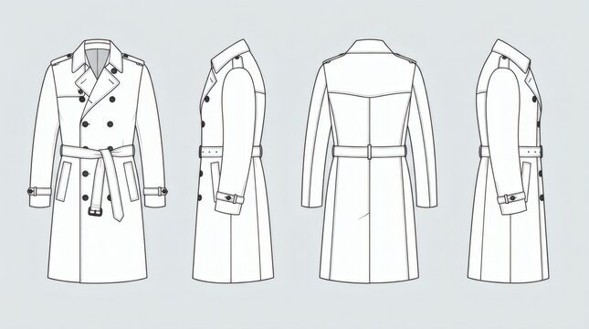 Flat Drawing Collection Men's Contemporary Trench Coat Front Back Side Views

