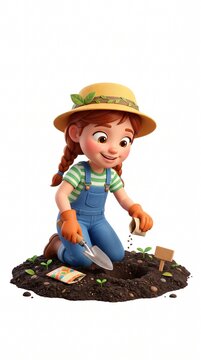 Cute child planting seeds in garden soil. Happy little girl gardening with sun hat and overalls in springtime.