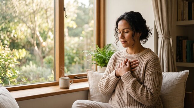 Woman practicing self care with hands on chest in peaceful home setting, embodying resilience and hope