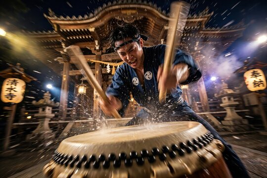Intense Japanese taiko drummer performing passionately on a traditional wooden drum with splashing water drops at night in front of a glowing temple