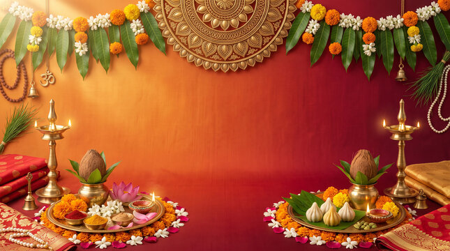 Ganesh Chaturthi elegant saffron festival poster banner background with brass lamps, floral rangoli, modaks, banana leaves, kalash and premium copy space illustration