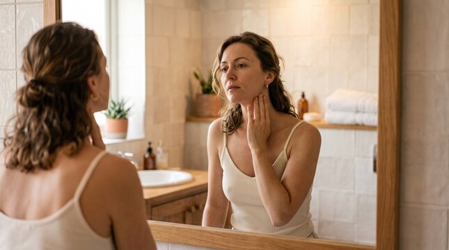 Woman examining her neck in the mirror, symbolizing self care and preventive health awareness for women's well-being