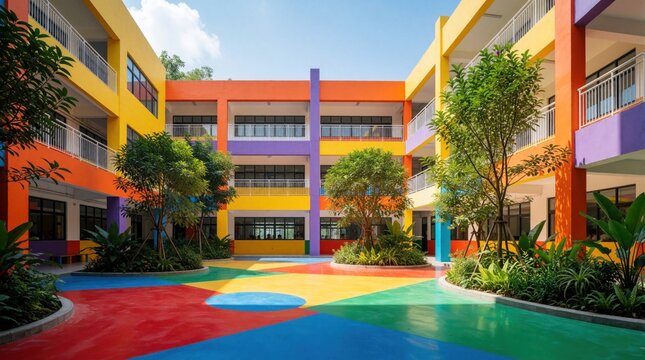 Modern school building courtyard features vibrant colorful design with geometric patterns on ground. Lush green trees and plants adorn walkways and balconies of the building.