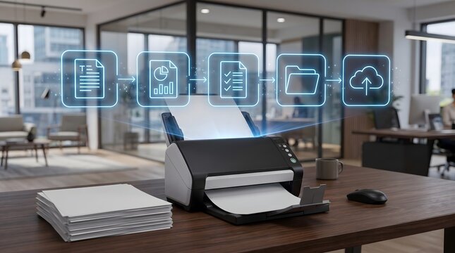 Document scanner on wooden desk with floating blue digital workflow icons. Concept of cloud storage migration, and paperless office transformation.